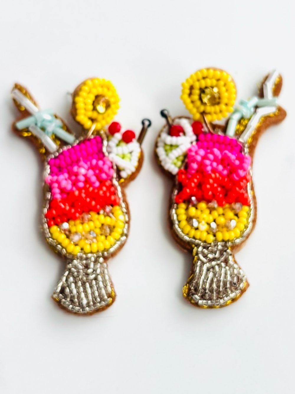 Beaded Tropical Drink Kids Earrings - Yellow Pink  Red NWOT Summer Vacation